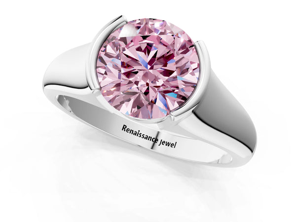 Platinum Fancy Pink Round Cut Solitaire Tension Set Diamond Ring with Split Shank Band