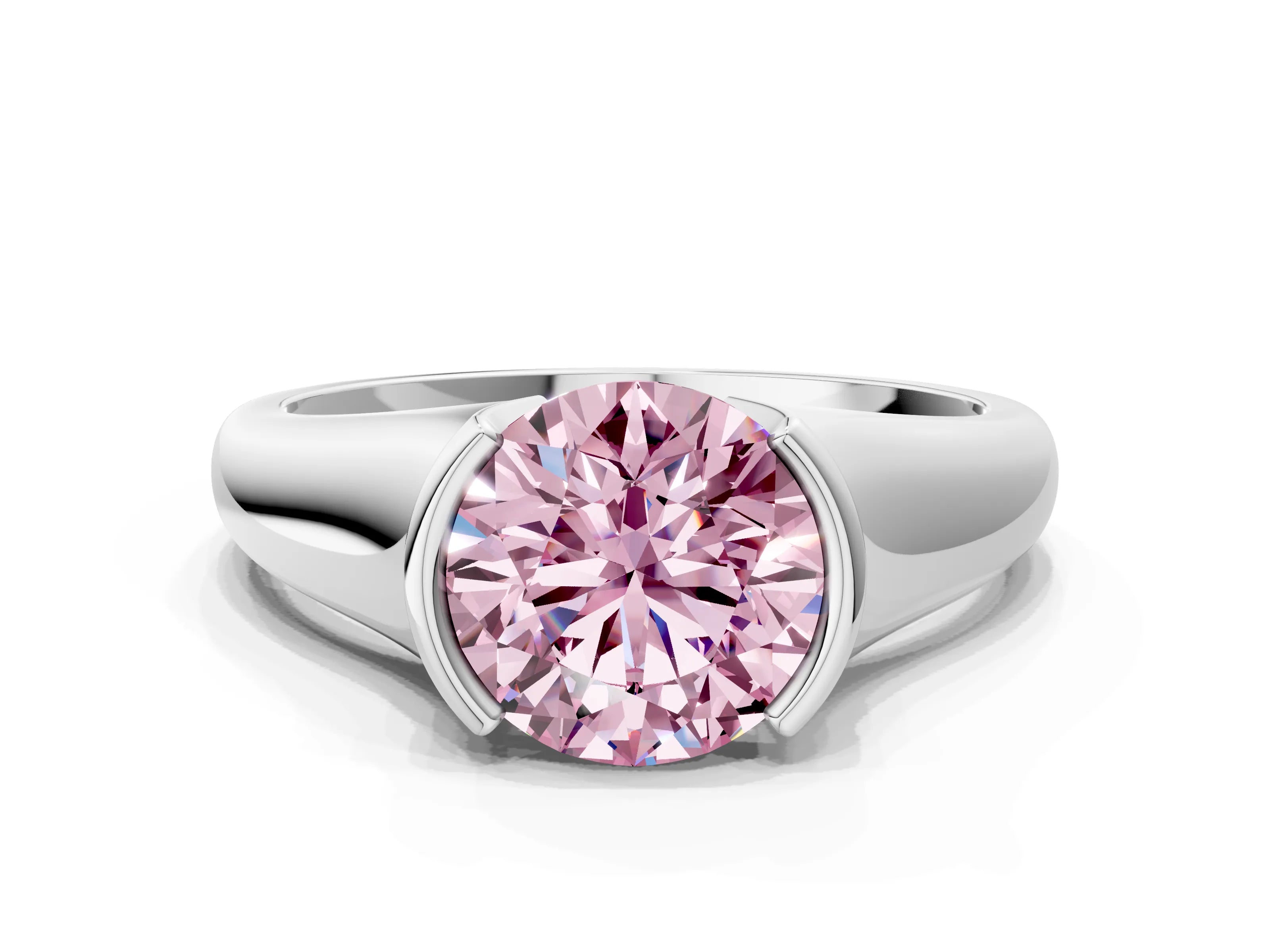 White gold Fancy Pink Round Cut Solitaire Tension Set Diamond Ring with Split Shank Band