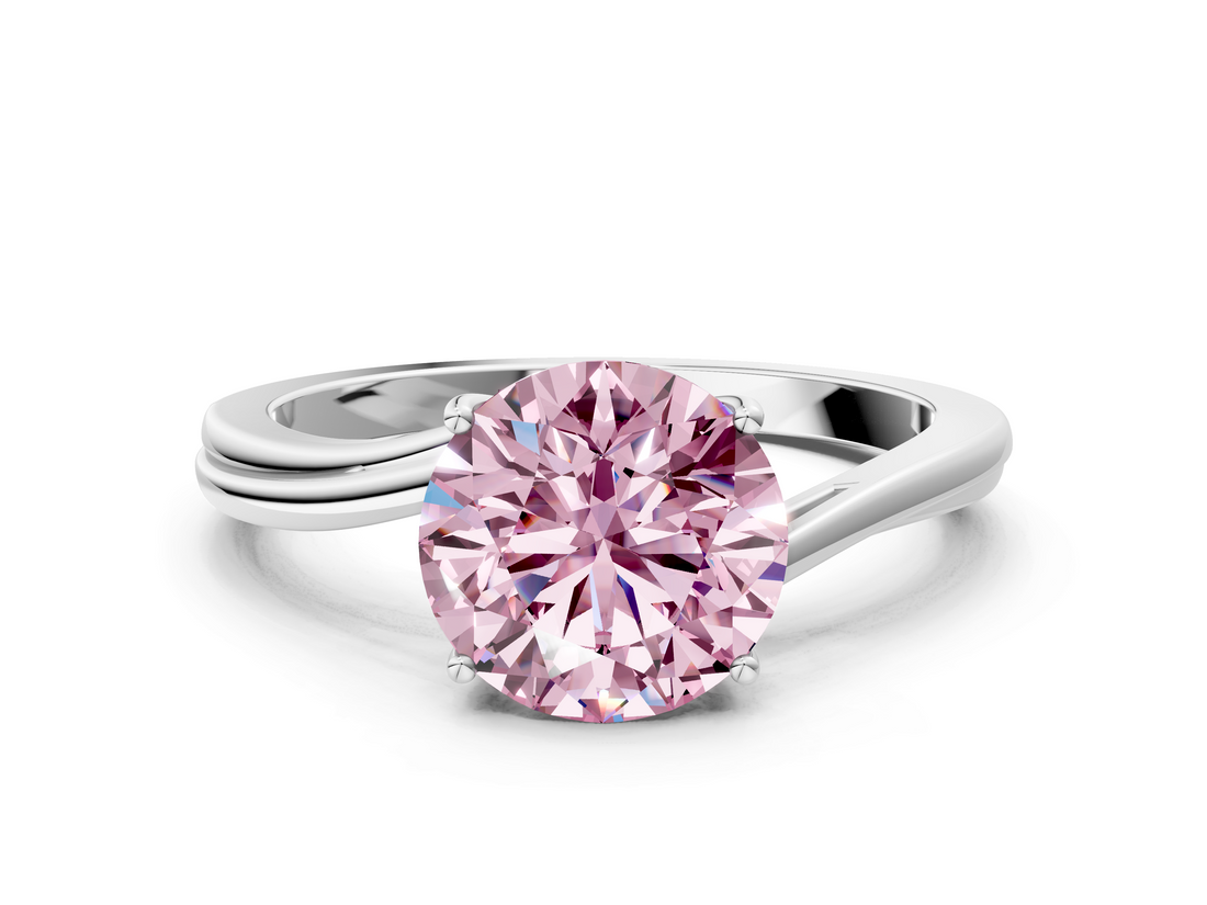 White gold Fancy Pink Round  Cut Solitaire Twist Band Ring with Four-Prong Setting