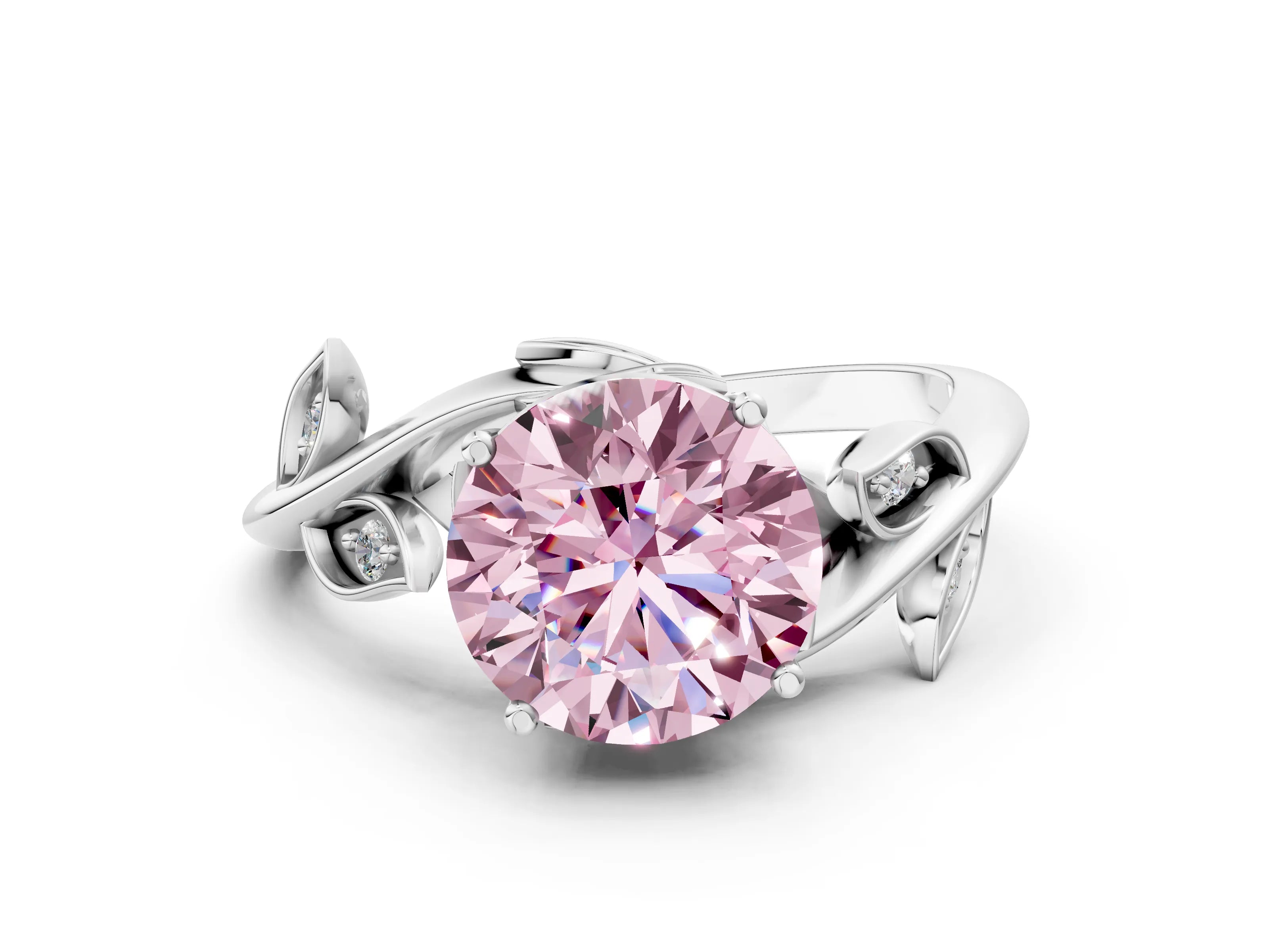 White gold Fancy Pink Round Cut Solitaire Twist Engagement Ring with Leaf Accents and Prong Setting_12