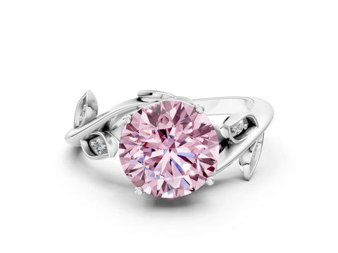 White gold Fancy Pink Round Cut Solitaire Twist Engagement Ring with Leaf Accents and Prong Setting_12