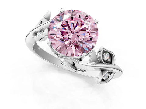 White gold Fancy Pink Round Cut Solitaire Twist Engagement Ring with Leaf Accents and Prong Setting_13