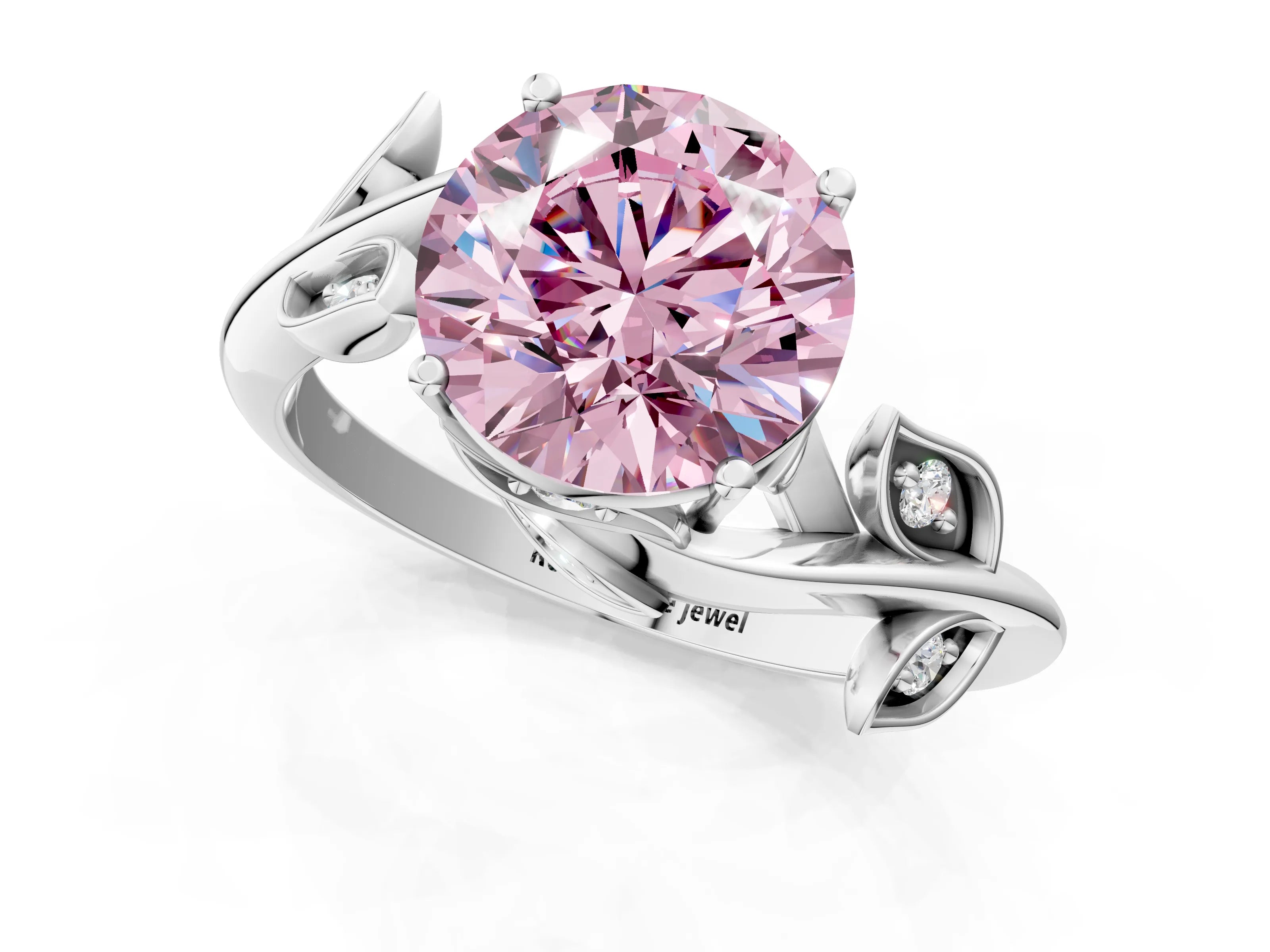 White gold Fancy Pink Round Cut Solitaire Twist Engagement Ring with Leaf Accents and Prong Setting_13