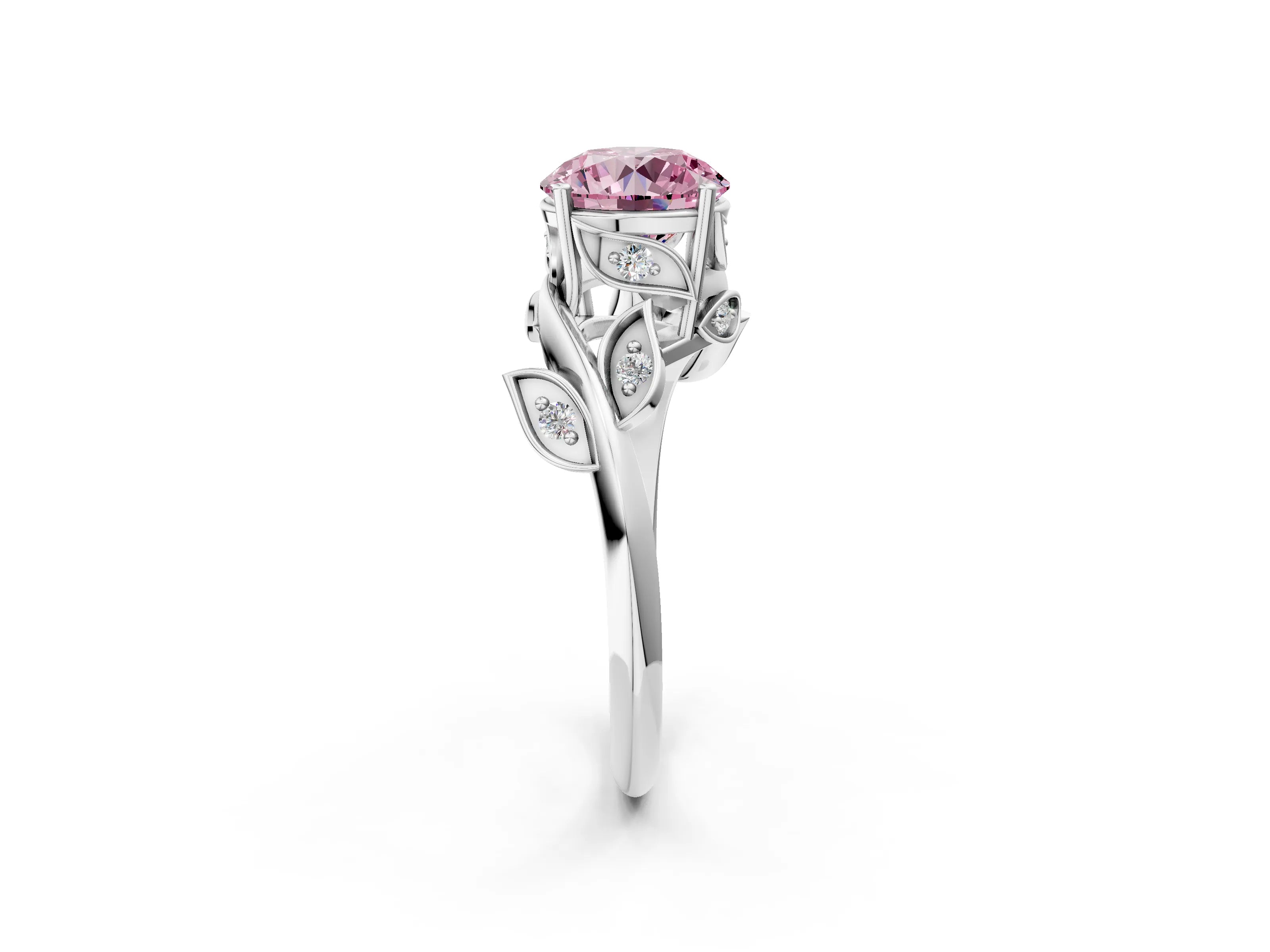 White gold Fancy Pink Round Cut Solitaire Twist Engagement Ring with Leaf Accents and Prong Setting_14