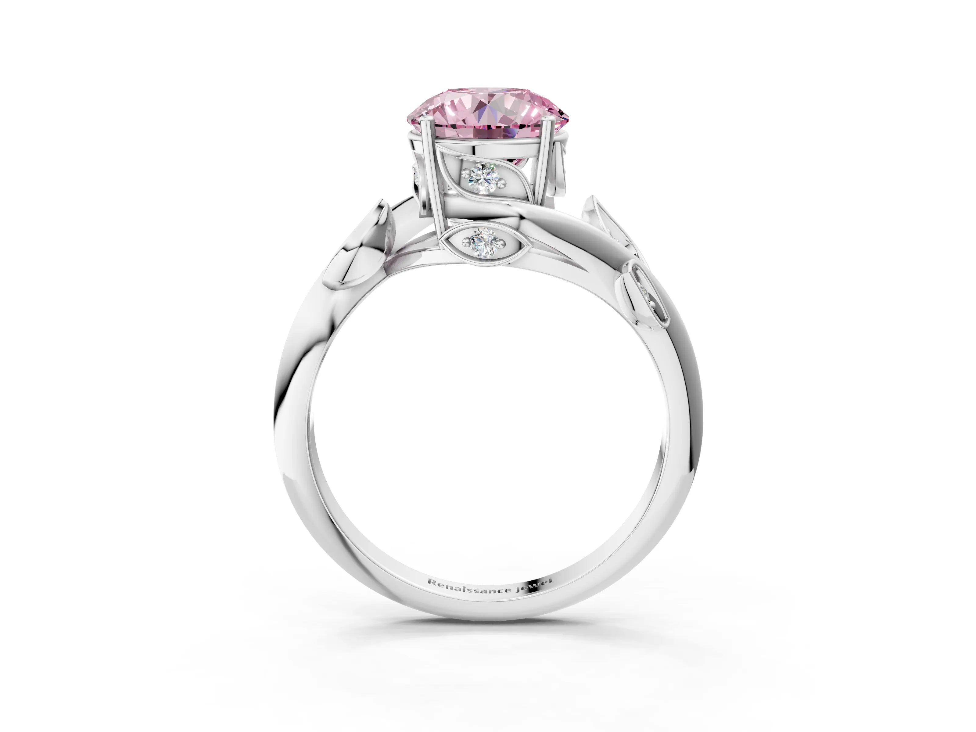 White gold Fancy Pink Round Cut Solitaire Twist Engagement Ring with Leaf Accents and Prong Setting_15