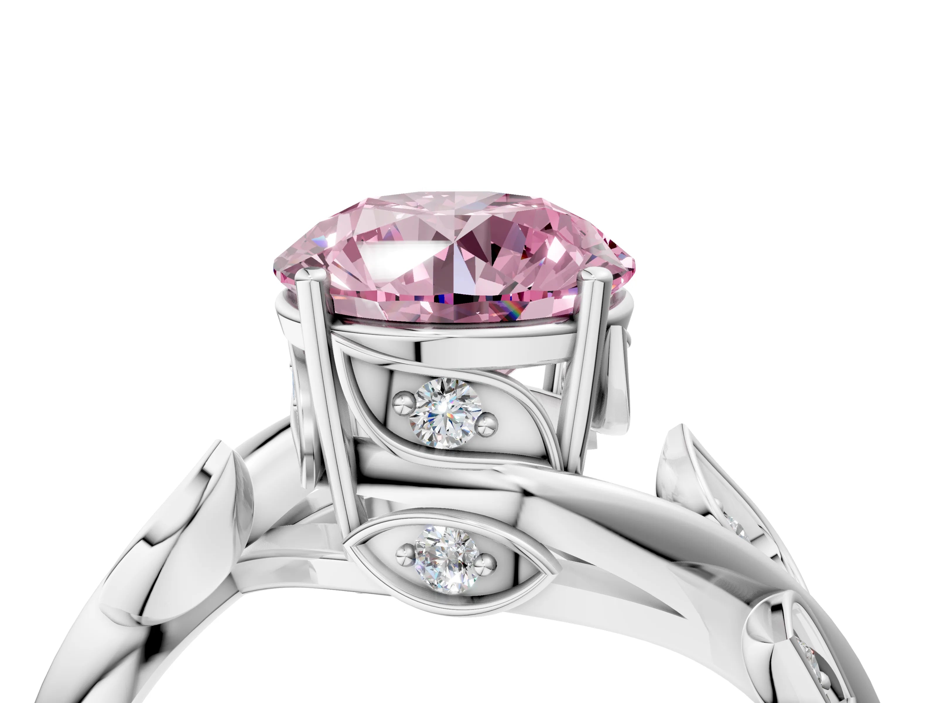 White gold Fancy Pink Round Cut Solitaire Twist Engagement Ring with Leaf Accents and Prong Setting_16