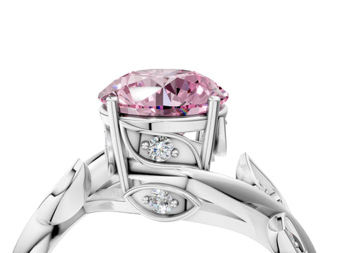 White gold Fancy Pink Round Cut Solitaire Twist Engagement Ring with Leaf Accents and Prong Setting_16