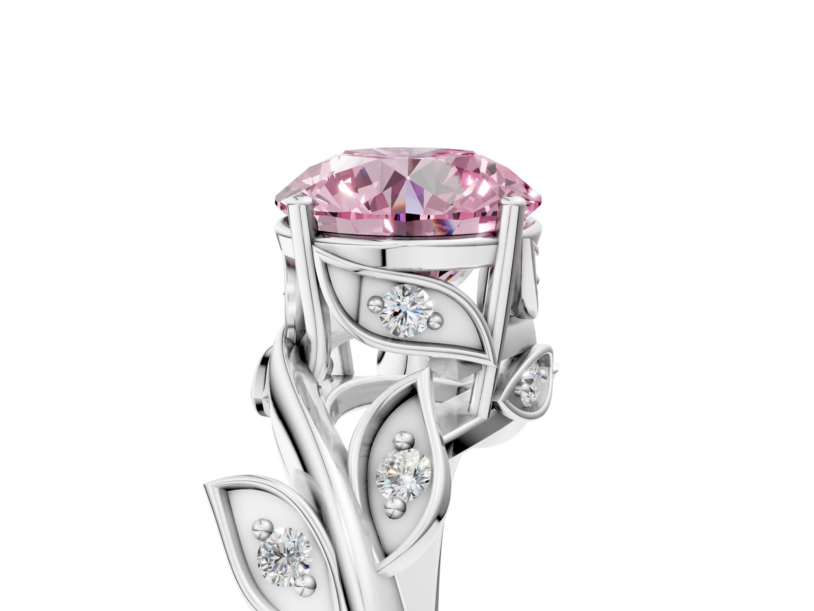 White gold Fancy Pink Round Cut Solitaire Twist Engagement Ring with Leaf Accents and Prong Setting_17