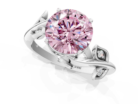 White gold Fancy Pink Round Cut Solitaire Twist Engagement Ring with Leaf Accents and Prong Setting_1