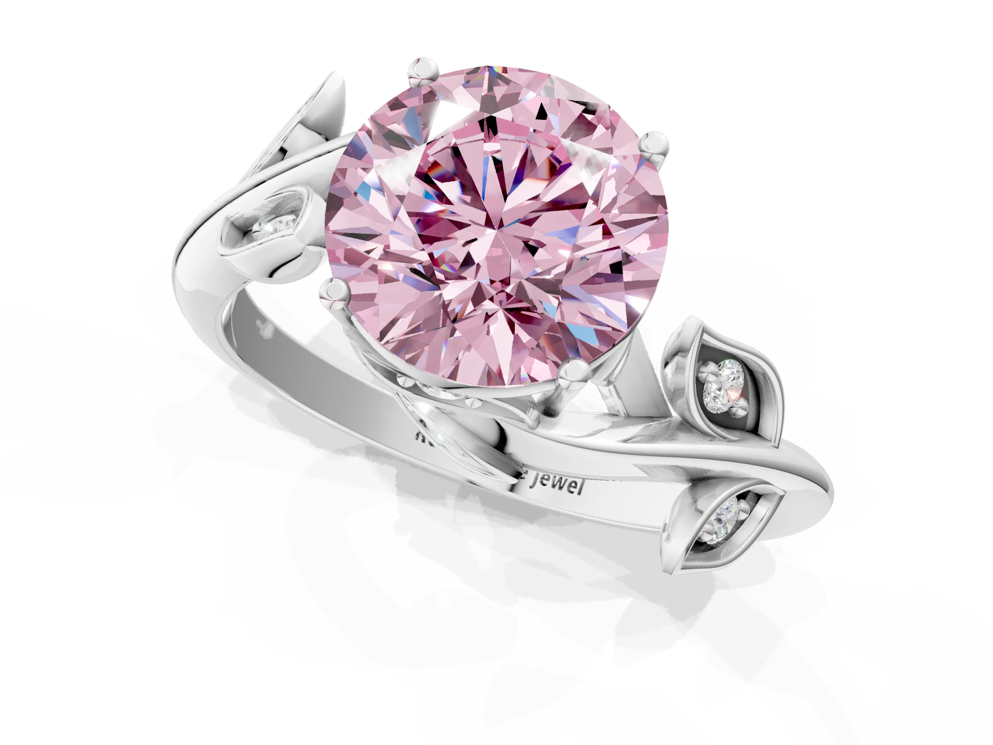 White gold Fancy Pink Round Cut Solitaire Twist Engagement Ring with Leaf Accents and Prong Setting_1