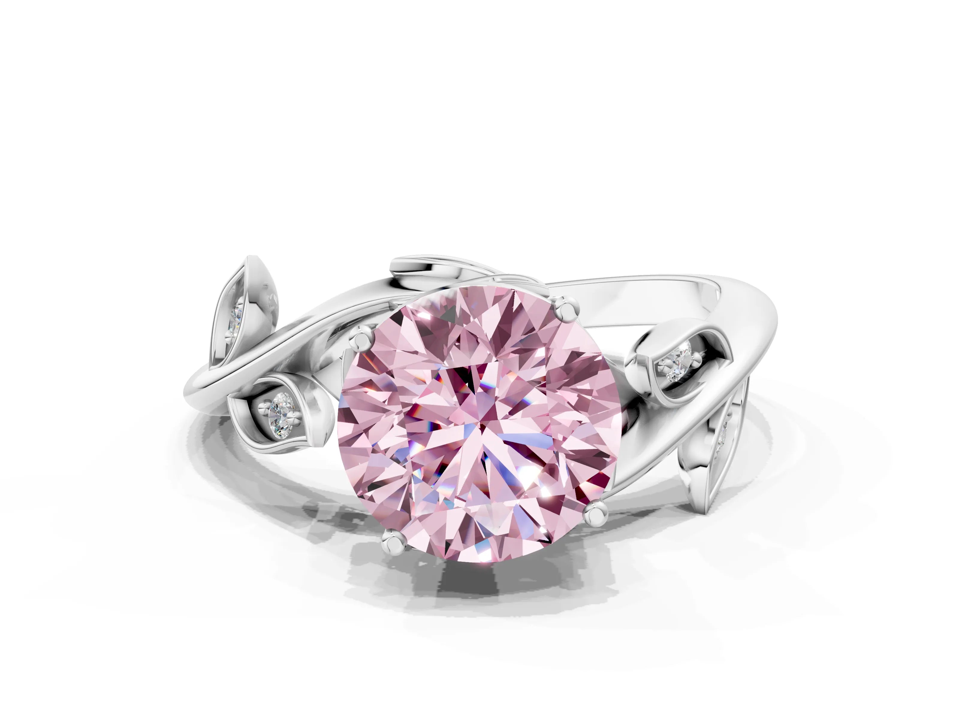 White gold Fancy Pink Round Cut Solitaire Twist Engagement Ring with Leaf Accents and Prong Setting
