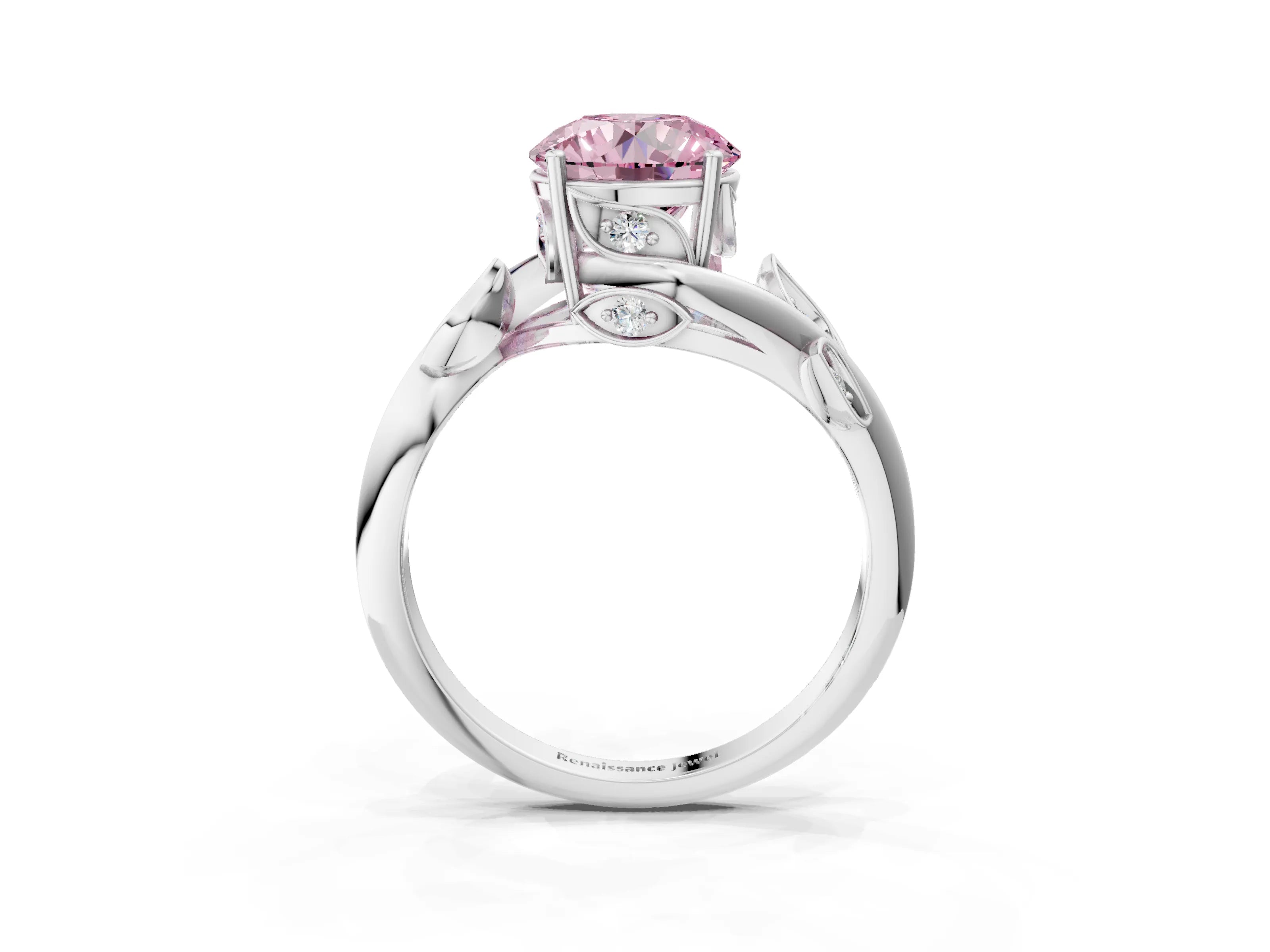 White gold Fancy Pink Round Cut Solitaire Twist Engagement Ring with Leaf Accents and Prong Setting_3