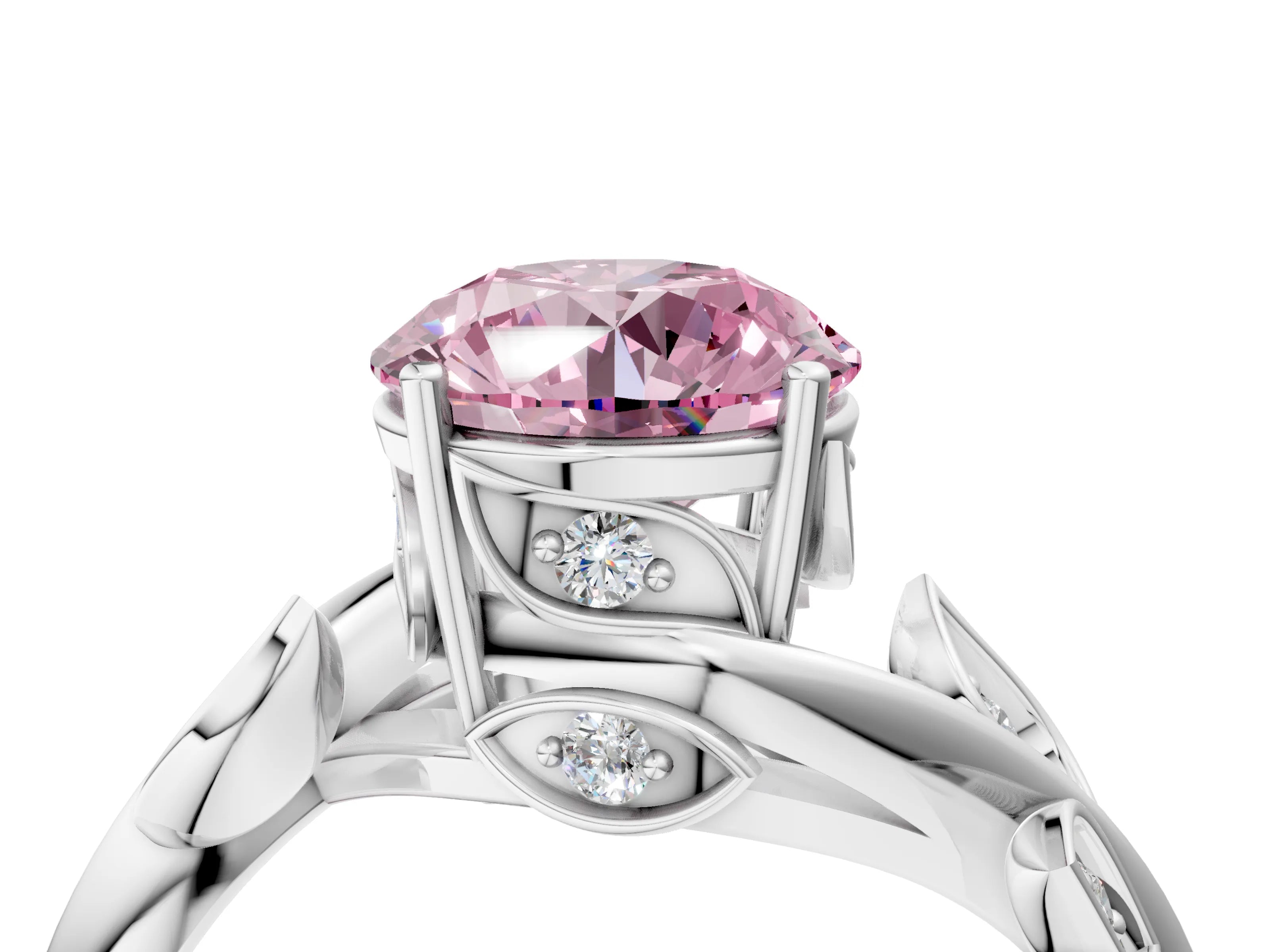 White gold Fancy Pink Round Cut Solitaire Twist Engagement Ring with Leaf Accents and Prong Setting_4