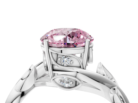 White gold Fancy Pink Round Cut Solitaire Twist Engagement Ring with Leaf Accents and Prong Setting_4