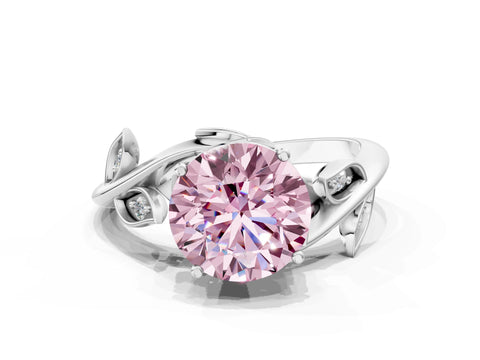 White gold Fancy Pink Round Cut Solitaire Twist Engagement Ring with Leaf Accents and Prong Setting