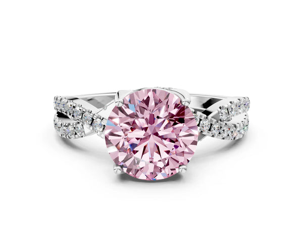 Platinum Fancy Pink Round Cut Solitaire Twist Pave Diamond Engagement Ring with Prong Setting