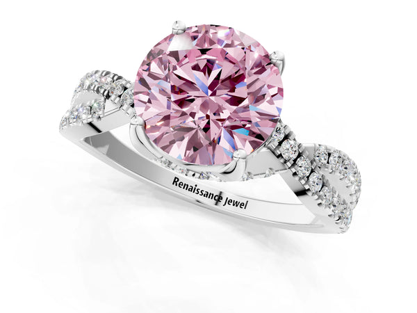 Platinum Fancy Pink Round Cut Solitaire Twist Pave Diamond Engagement Ring with Prong Setting