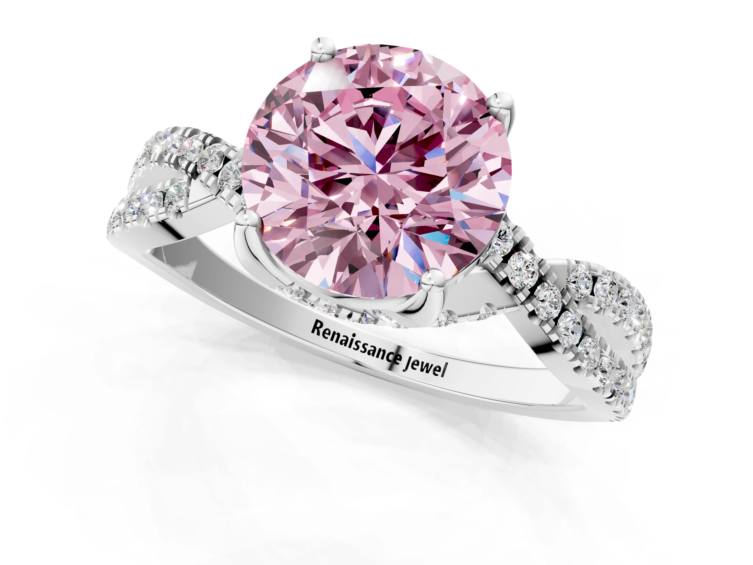 White gold Fancy Pink Round Cut Solitaire Twist Pave Diamond Engagement Ring with Prong Setting_1