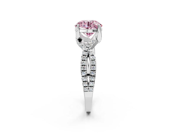 Platinum Fancy Pink Round Cut Solitaire Twist Pave Diamond Engagement Ring with Prong Setting