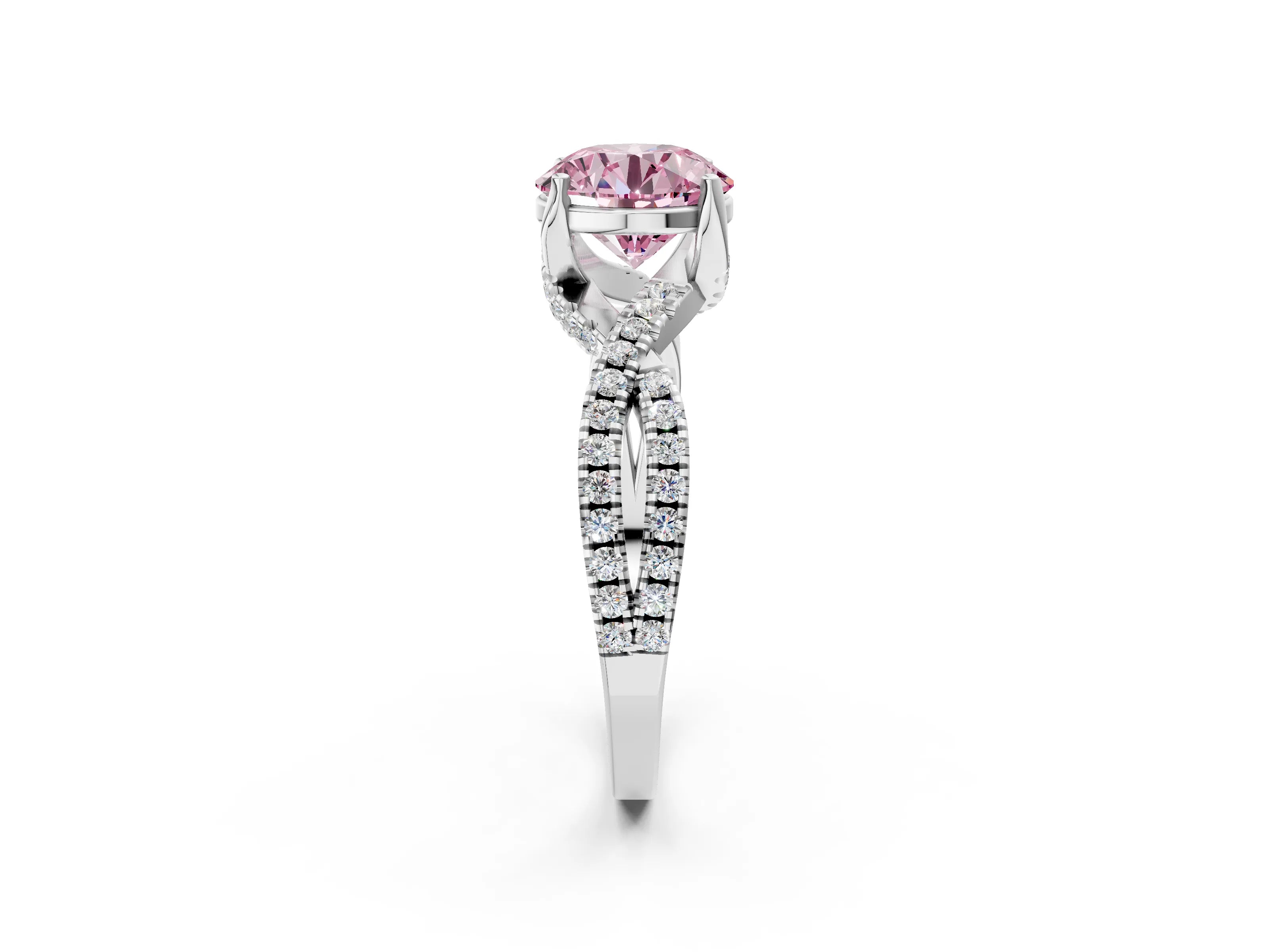 White gold Fancy Pink Round Cut Solitaire Twist Pave Diamond Engagement Ring with Prong Setting_2