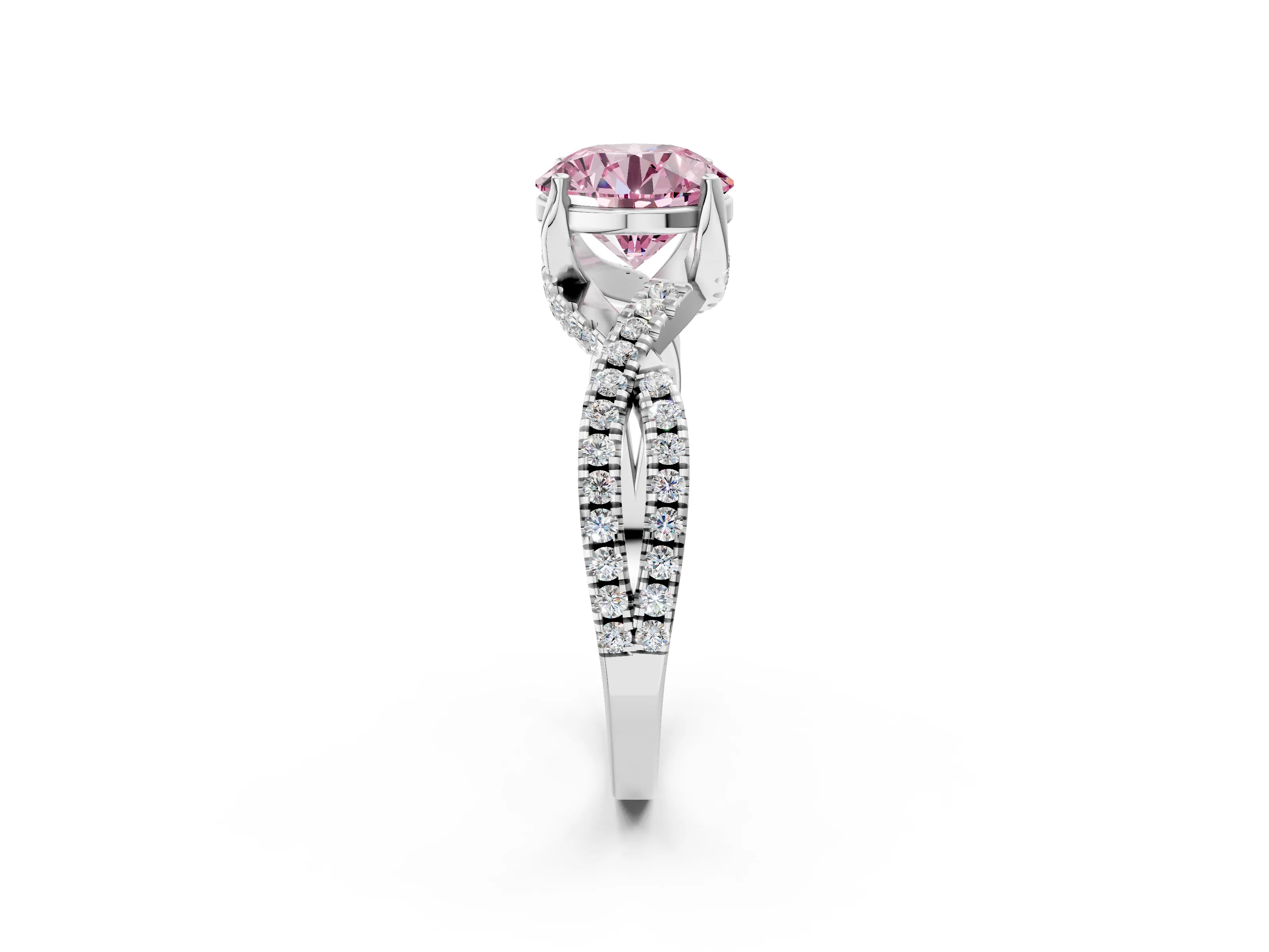 White gold Fancy Pink Round Cut Solitaire Twist Pave Diamond Engagement Ring with Prong Setting_2
