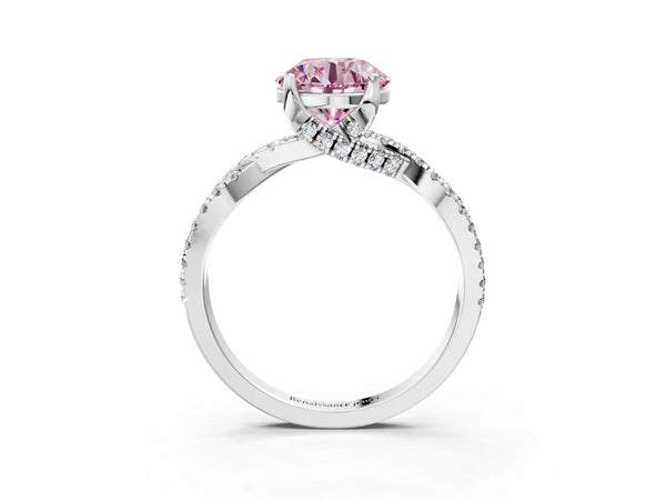 Platinum Fancy Pink Round Cut Solitaire Twist Pave Diamond Engagement Ring with Prong Setting