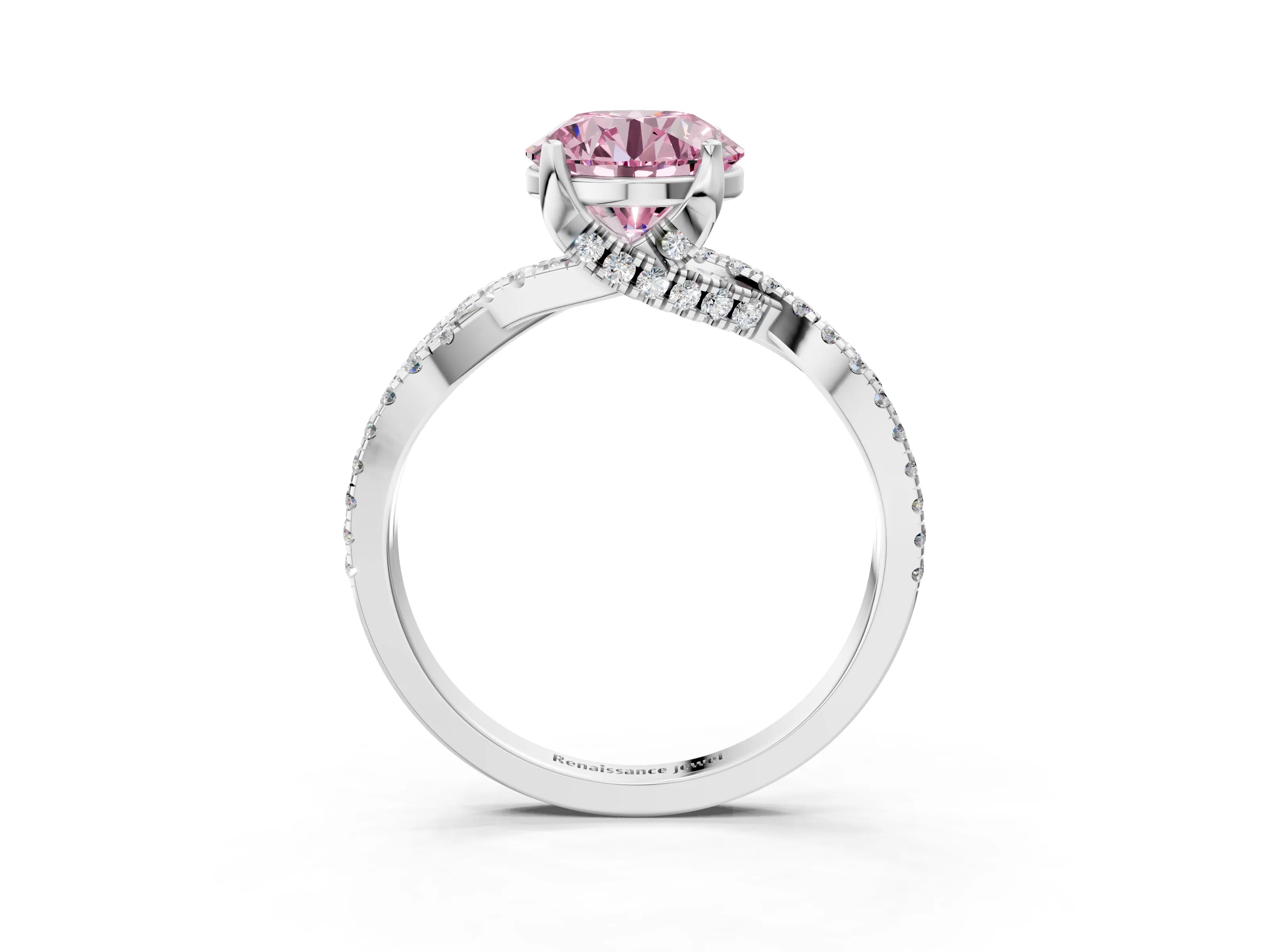 White gold Fancy Pink Round Cut Solitaire Twist Pave Diamond Engagement Ring with Prong Setting_3