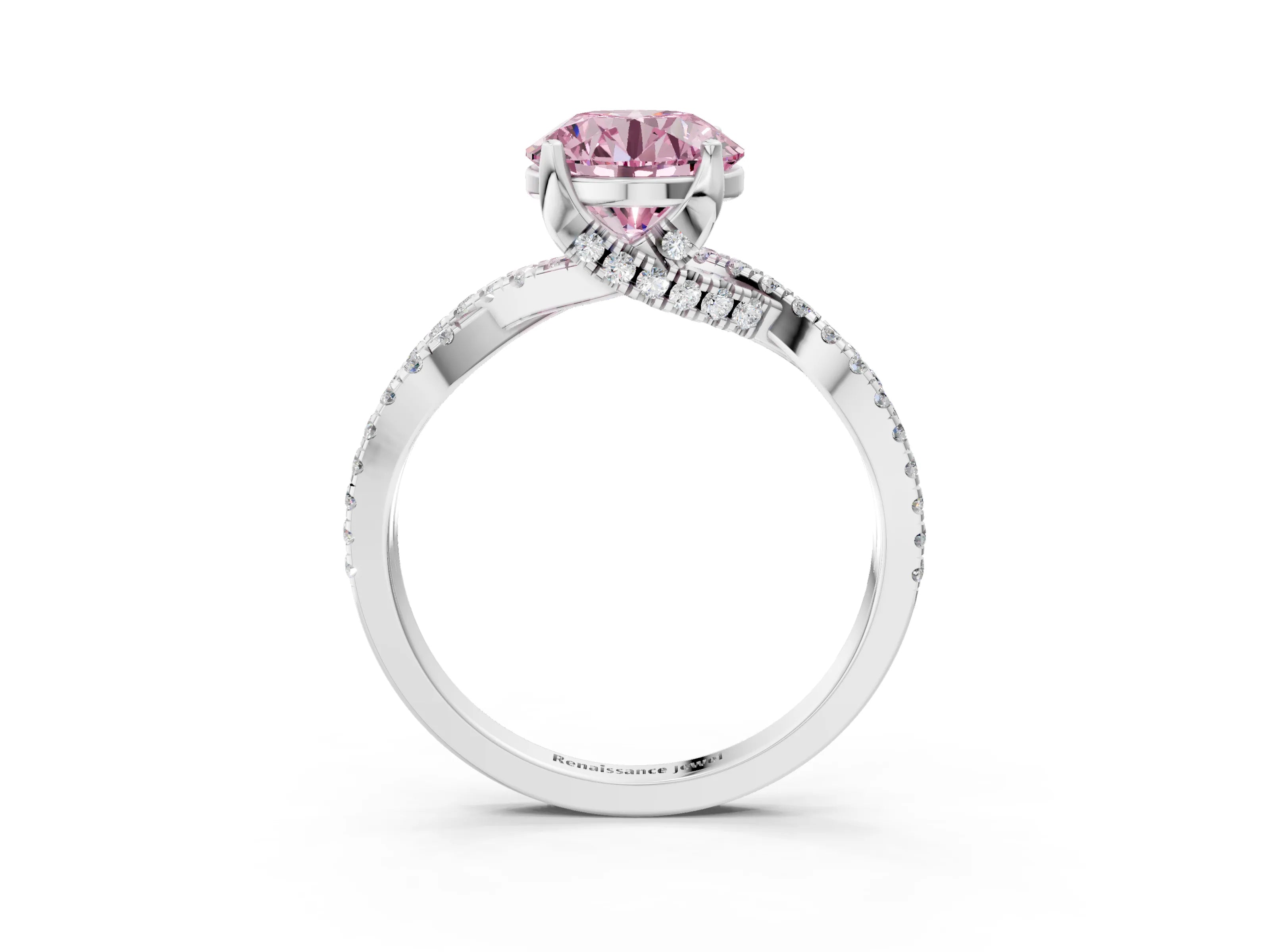 White gold Fancy Pink Round Cut Solitaire Twist Pave Diamond Engagement Ring with Prong Setting_3