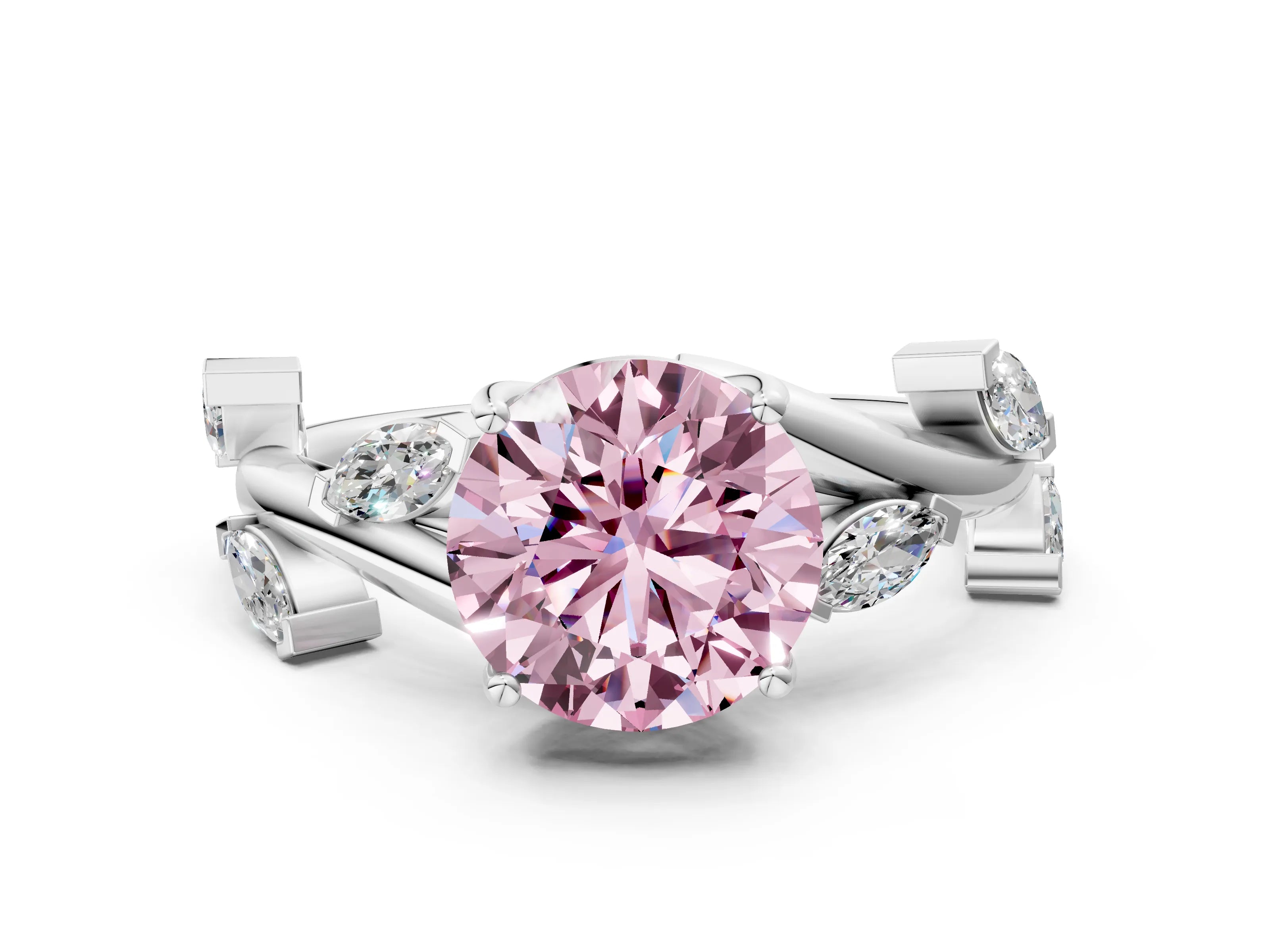 White gold Fancy Pink Round Cut Solitaire Twisted Band Marquise Accent Prong Setting Ring