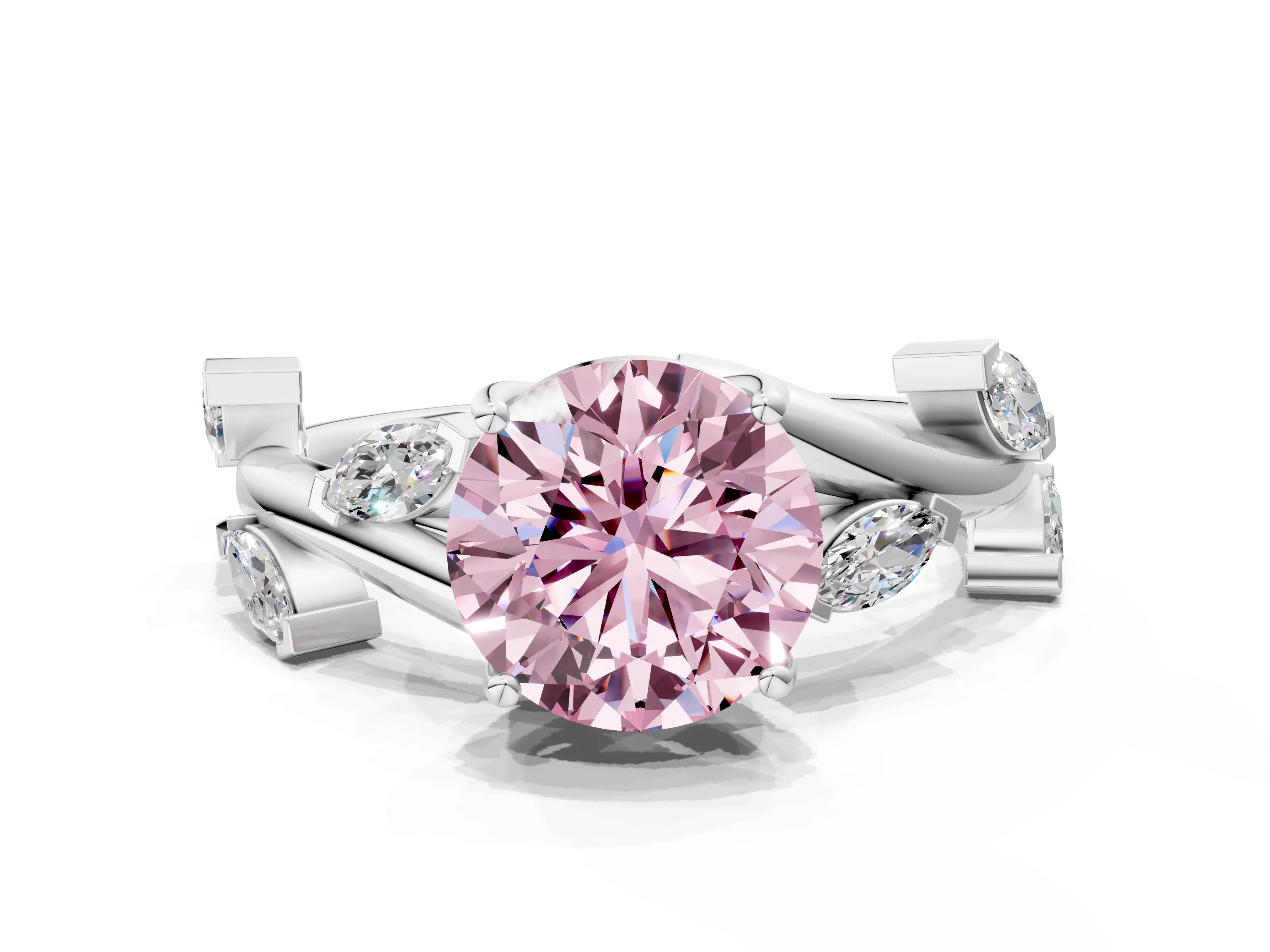 White gold Fancy Pink Round Cut Solitaire Twisted Band Marquise Accent Prong Setting Ring_12