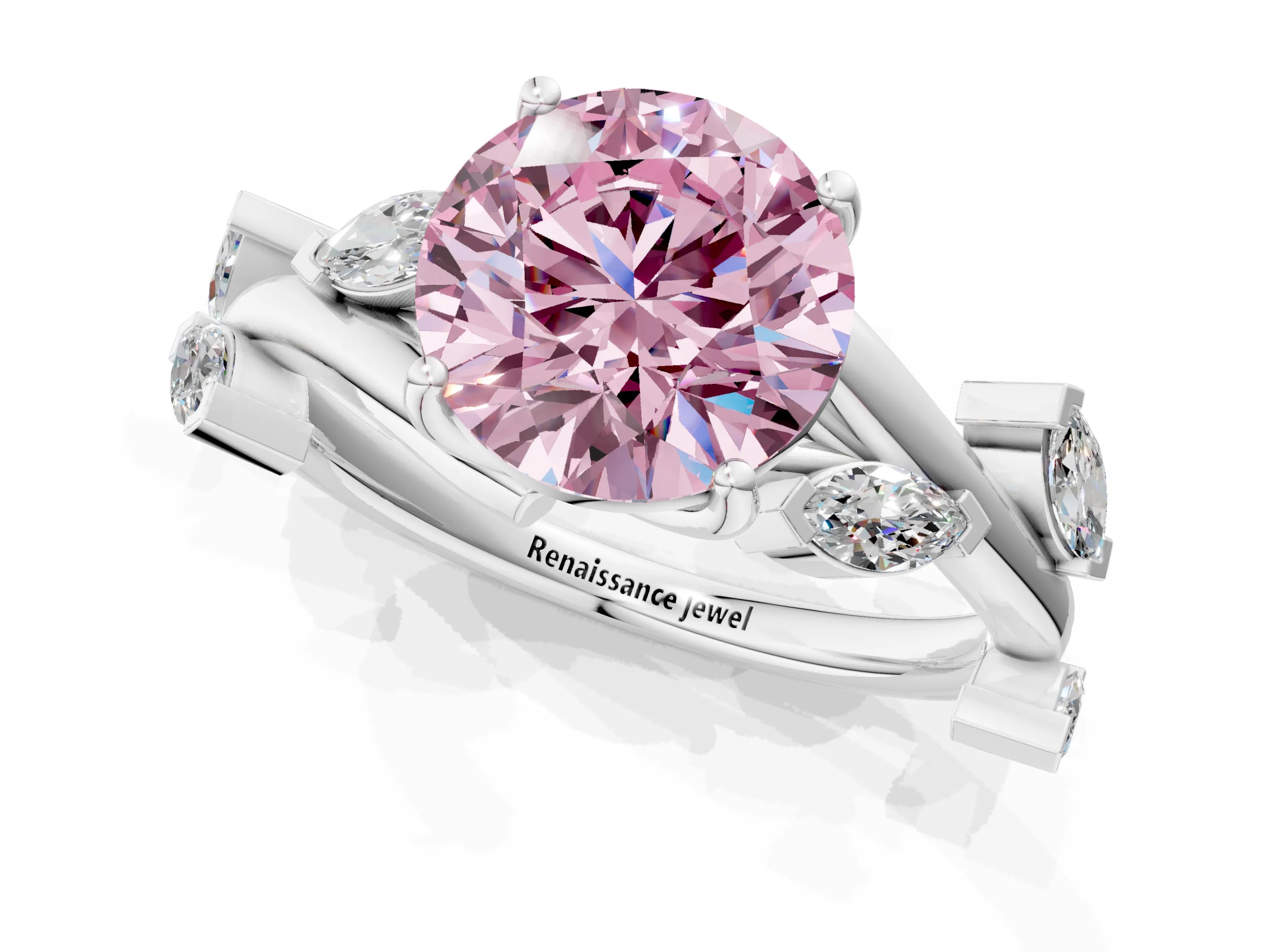 White gold Fancy Pink Round Cut Solitaire Twisted Band Marquise Accent Prong Setting Ring_13