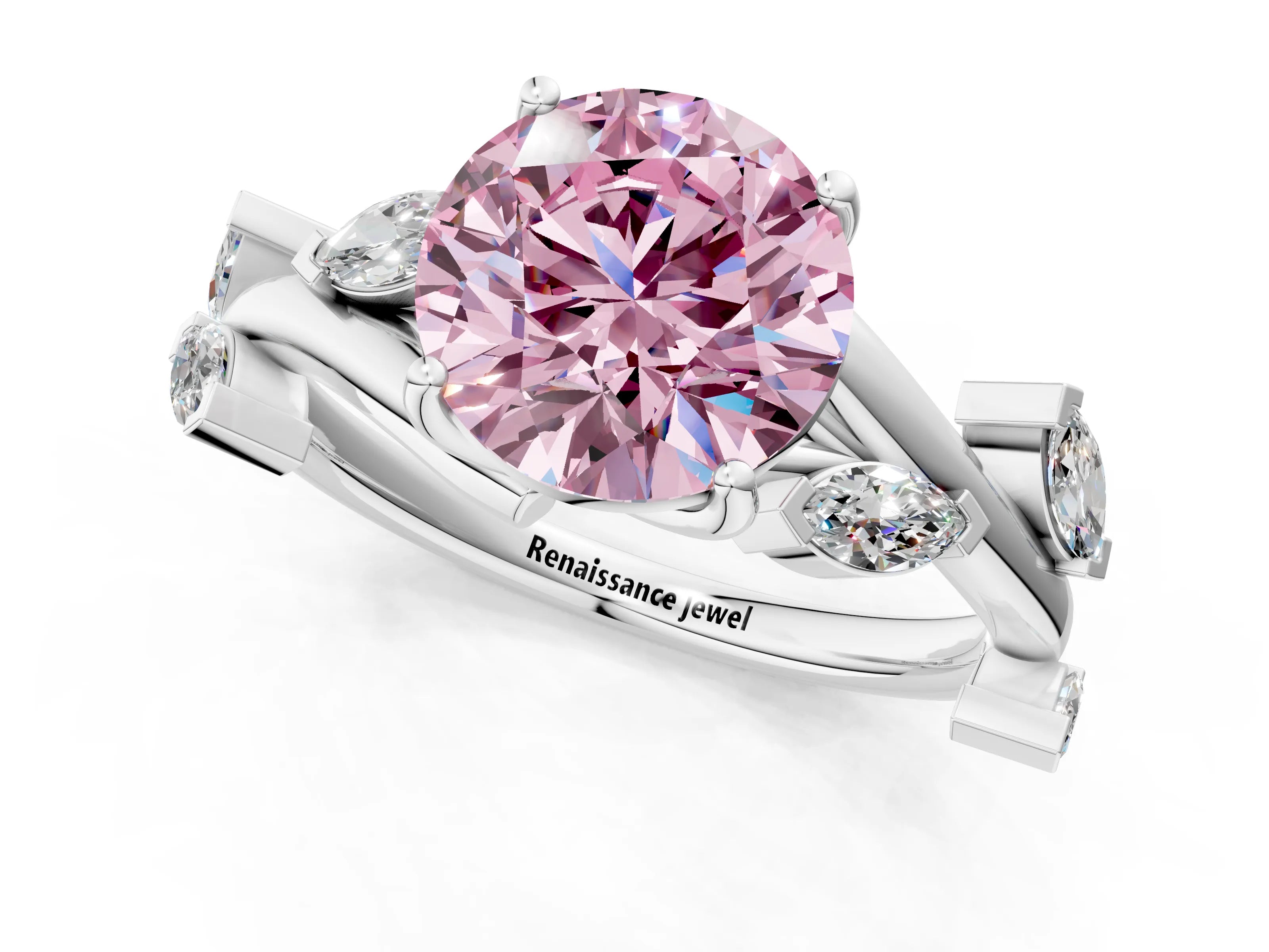 White gold Fancy Pink Round Cut Solitaire Twisted Band Marquise Accent Prong Setting Ring_1