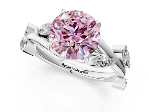 White gold Fancy Pink Round Cut Solitaire Twisted Band Marquise Accent Prong Setting Ring_23