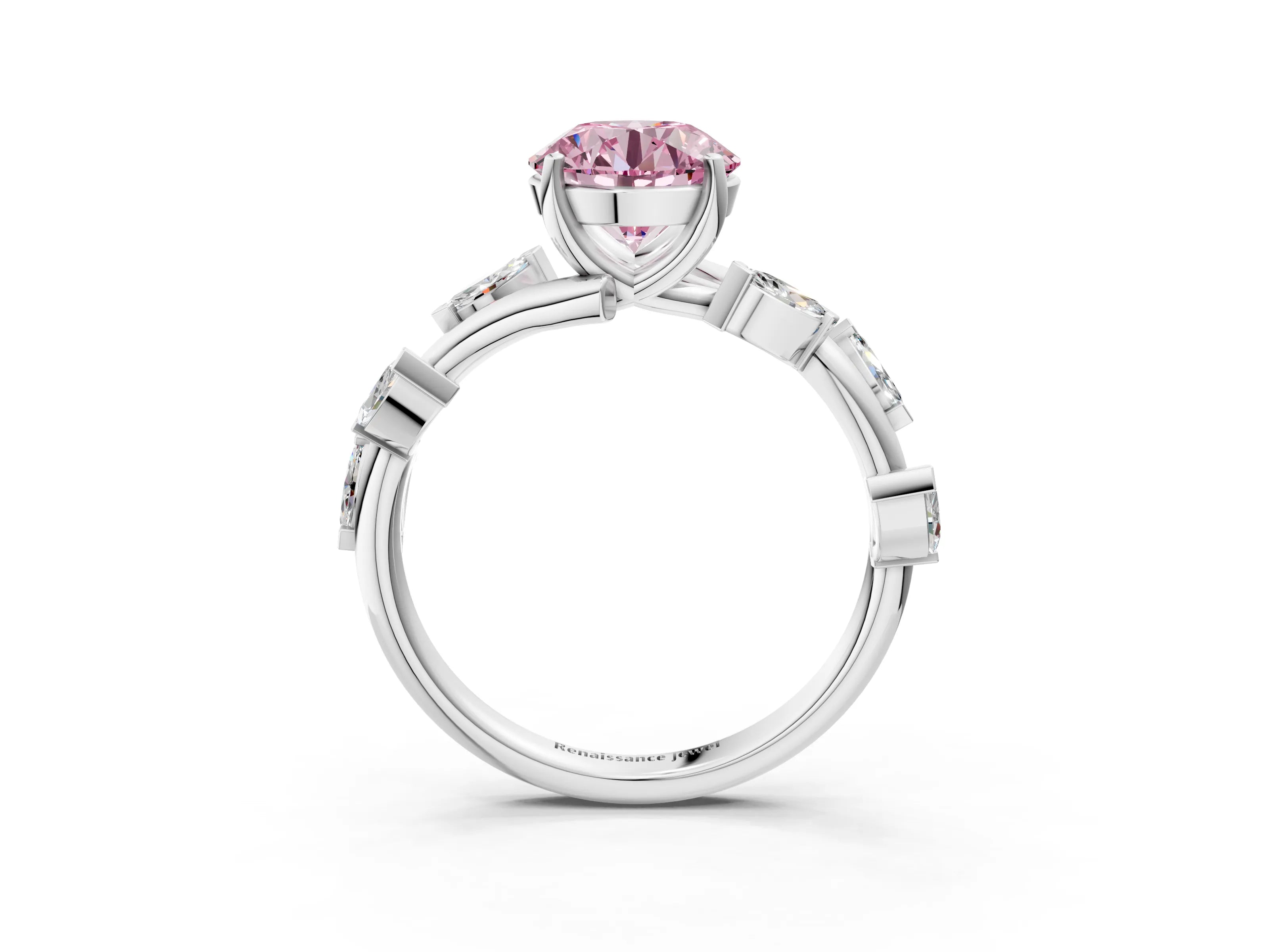 White gold Fancy Pink Round Cut Solitaire Twisted Band Marquise Accent Prong Setting Ring_3