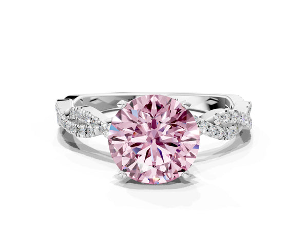 White gold Fancy Pink Round Cut Solitaire Twisted Pave Band with Four-Prong Setting