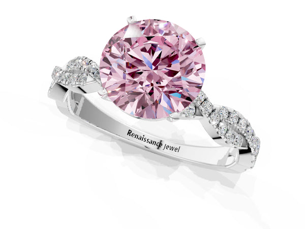 White gold Fancy Pink Round Cut Solitaire Twisted Pave Band with Four-Prong Setting