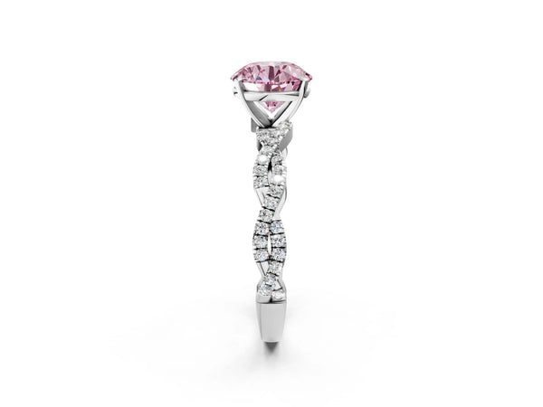 White gold Fancy Pink Round Cut Solitaire Twisted Pave Band with Four-Prong Setting