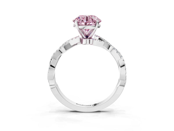 White gold Fancy Pink Round Cut Solitaire Twisted Pave Band with Four-Prong Setting
