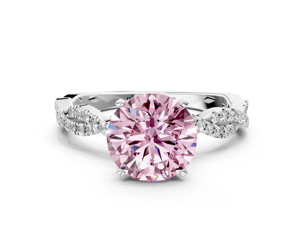 White gold Fancy Pink Round Cut Solitaire Twisted Pave Band with Four-Prong Setting