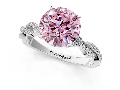 White gold Fancy Pink Round Cut Solitaire Twisted Pave Band with Four-Prong Setting_4
