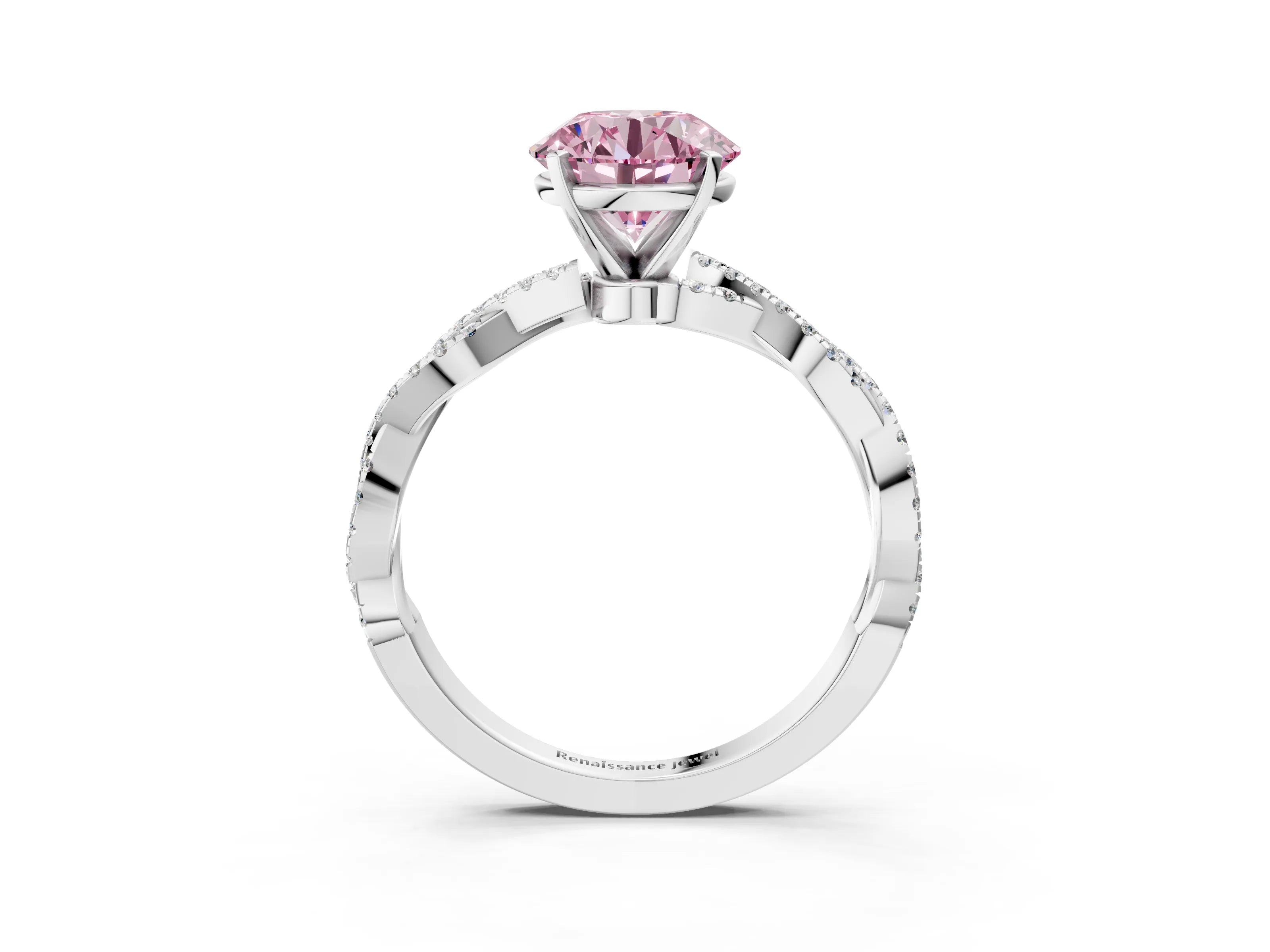 White gold Fancy Pink Round Cut Solitaire Twisted Pave Band with Four-Prong Setting_6