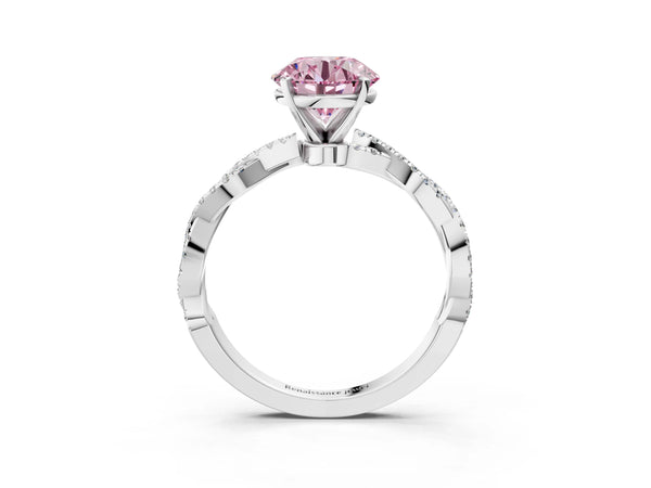 White gold Fancy Pink Round Cut Solitaire Twisted Pave Band with Four-Prong Setting