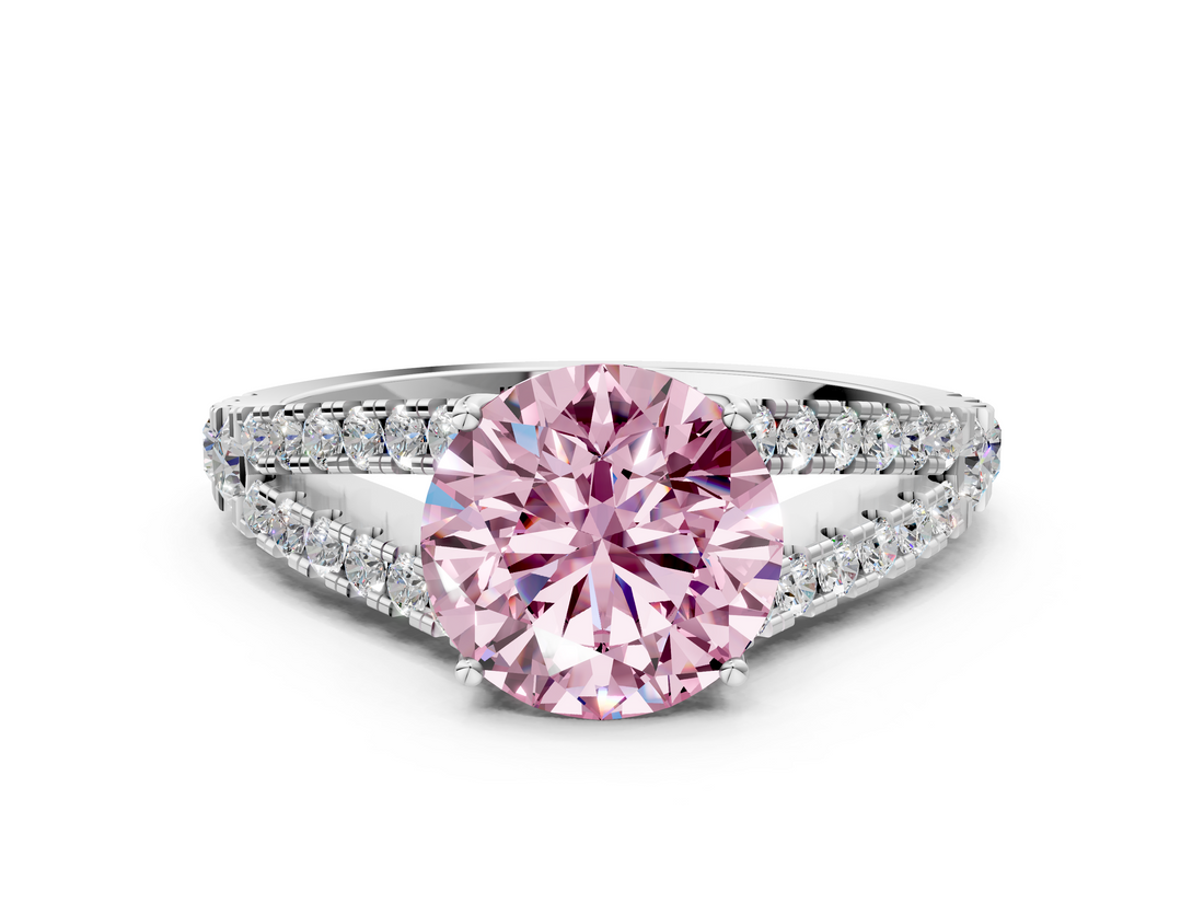 White gold Fancy Pink Round  Cut Split Shank Pave Diamond Engagement Ring with Four-Prong Setting