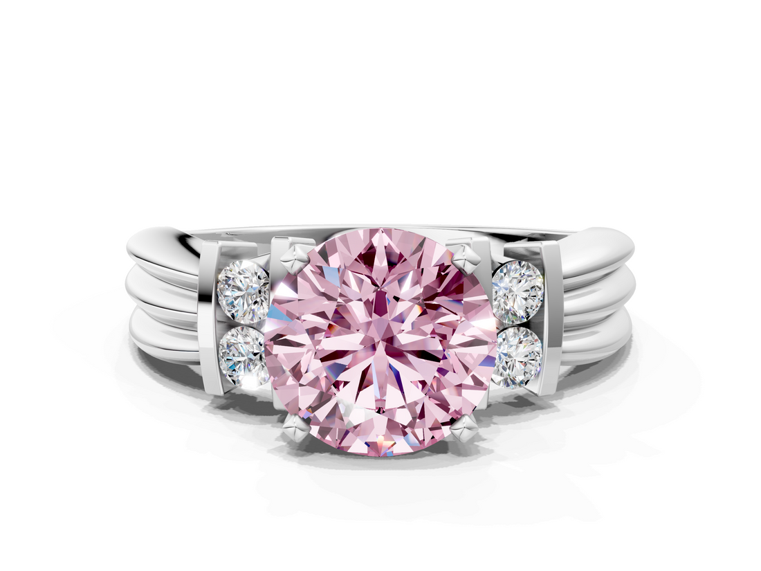 White gold Fancy Pink Round  Cut Three-Stone Channel Set Ring with Bar Prongs_16