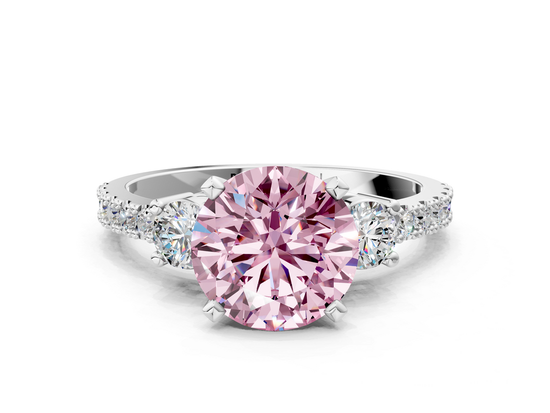 White gold Fancy Pink Round  Cut Three-Stone Diamond Pavé Band with Prong Setting