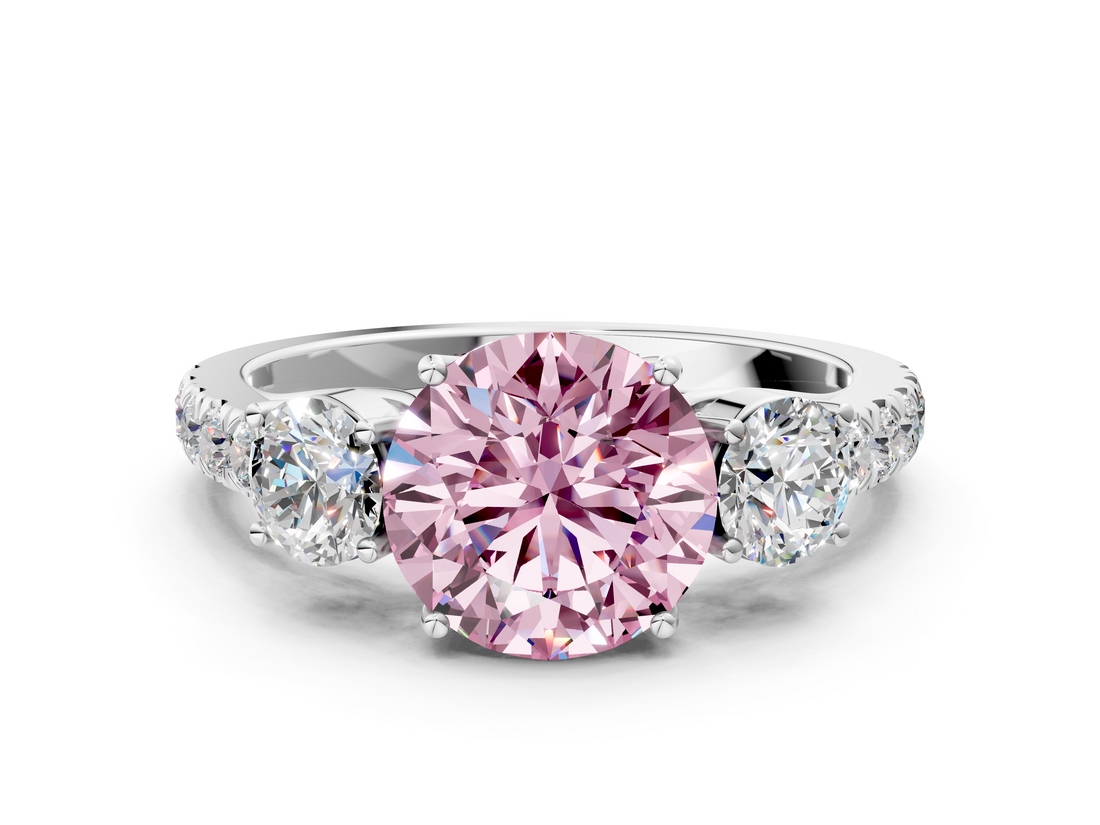 White gold Fancy Pink Round  Cut Three-Stone Diamond Pave Band with Prong Setting_17