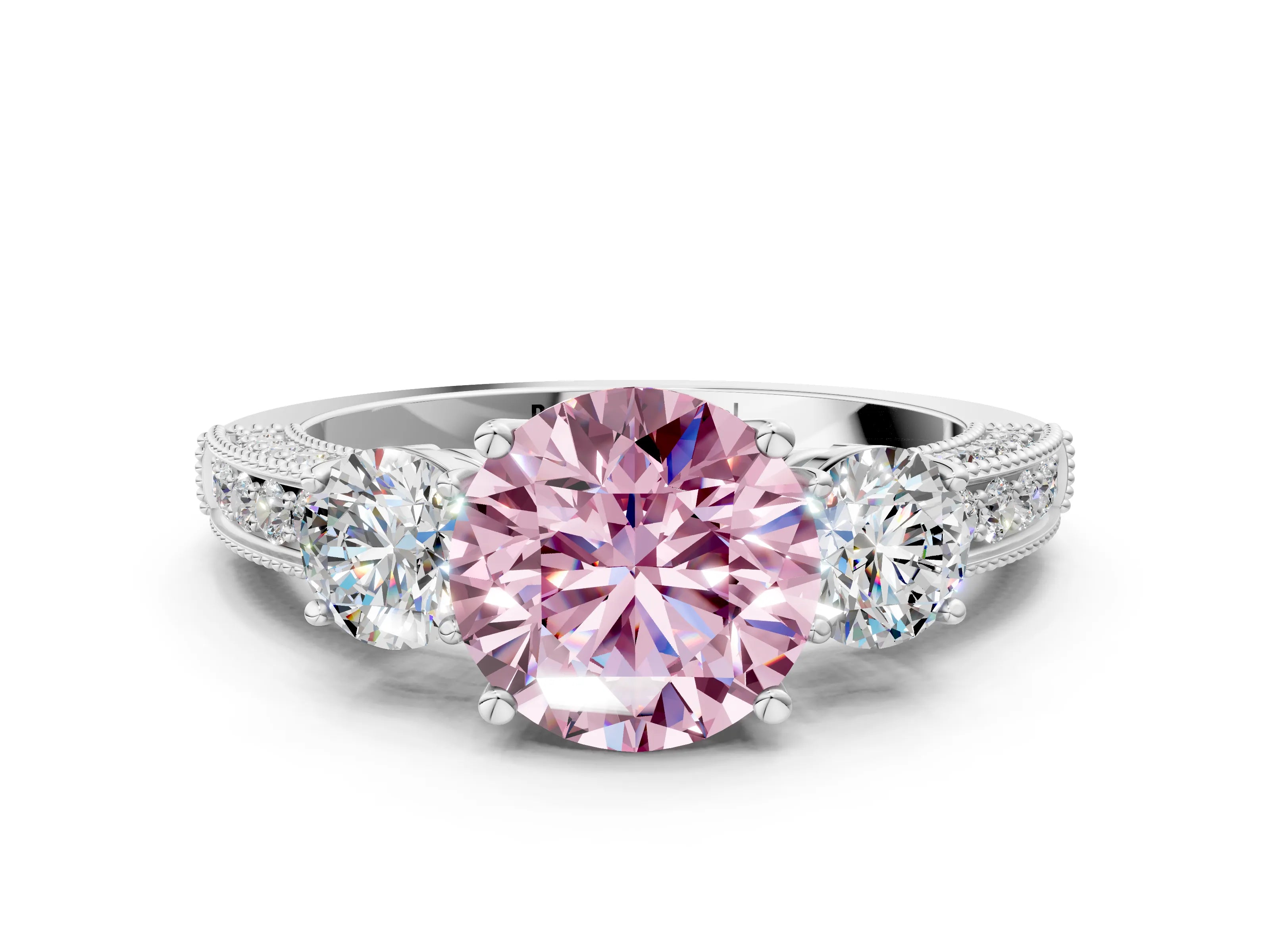 White gold Fancy Pink Round Cut Three-Stone Diamond Ring with Pavé Band and Four-Prong Setting_12