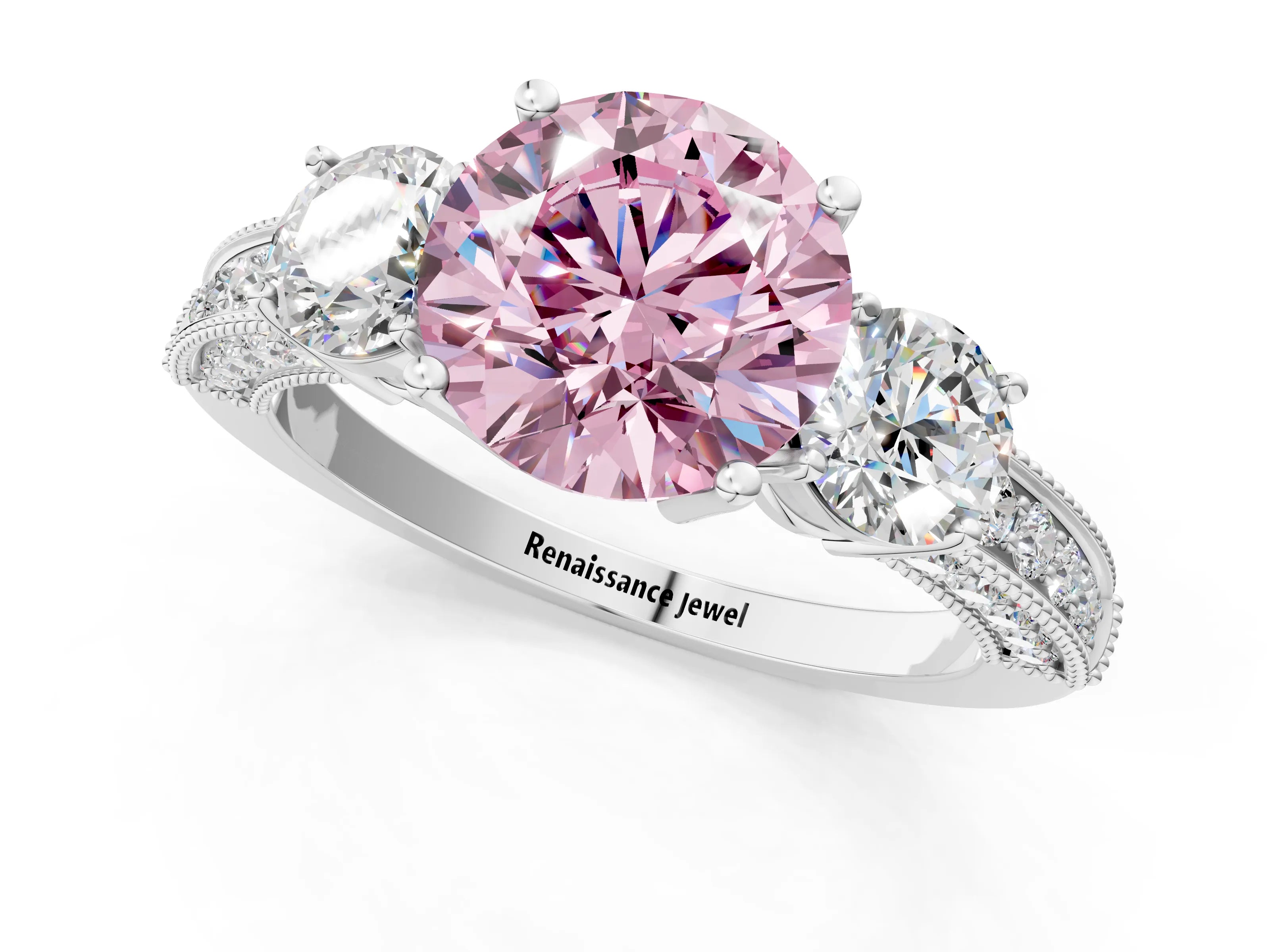 White gold Fancy Pink Round Cut Three-Stone Diamond Ring with Pavé Band and Four-Prong Setting_13