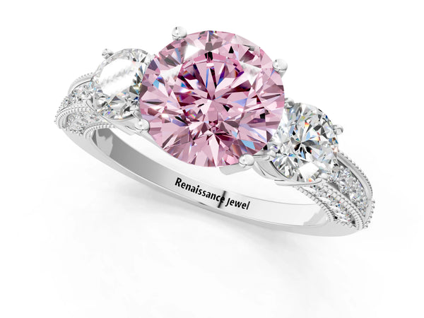 White gold Fancy Pink Round Cut Three-Stone Diamond Ring with Pavé Band and Four-Prong Setting
