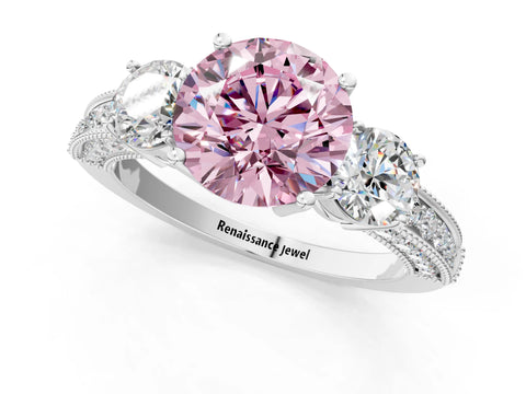 White gold Fancy Pink Round Cut Three-Stone Diamond Ring with Pavé Band and Four-Prong Setting_13